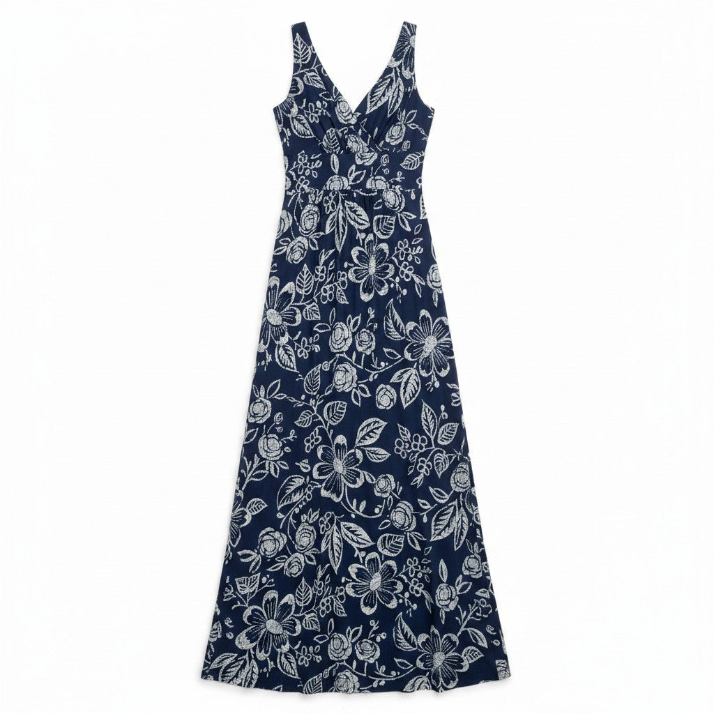 A blue and navy floral dress on a light background