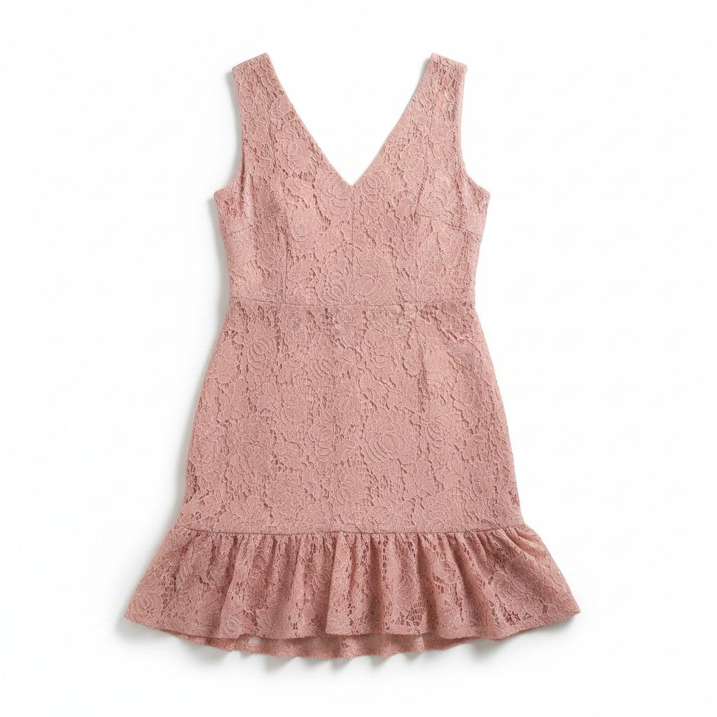 A sleeveless dusty rose pink lace dress with a V-neckline and a ruffled hem, displayed flat against a white background.