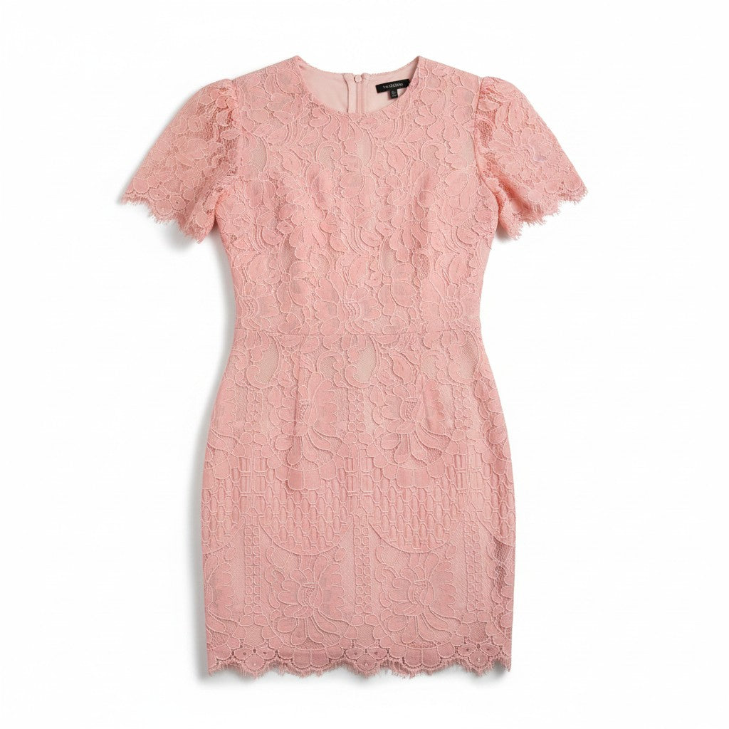 A light pink lace short-sleeve dress with a round neckline and scalloped edges, shown flat against a white background.