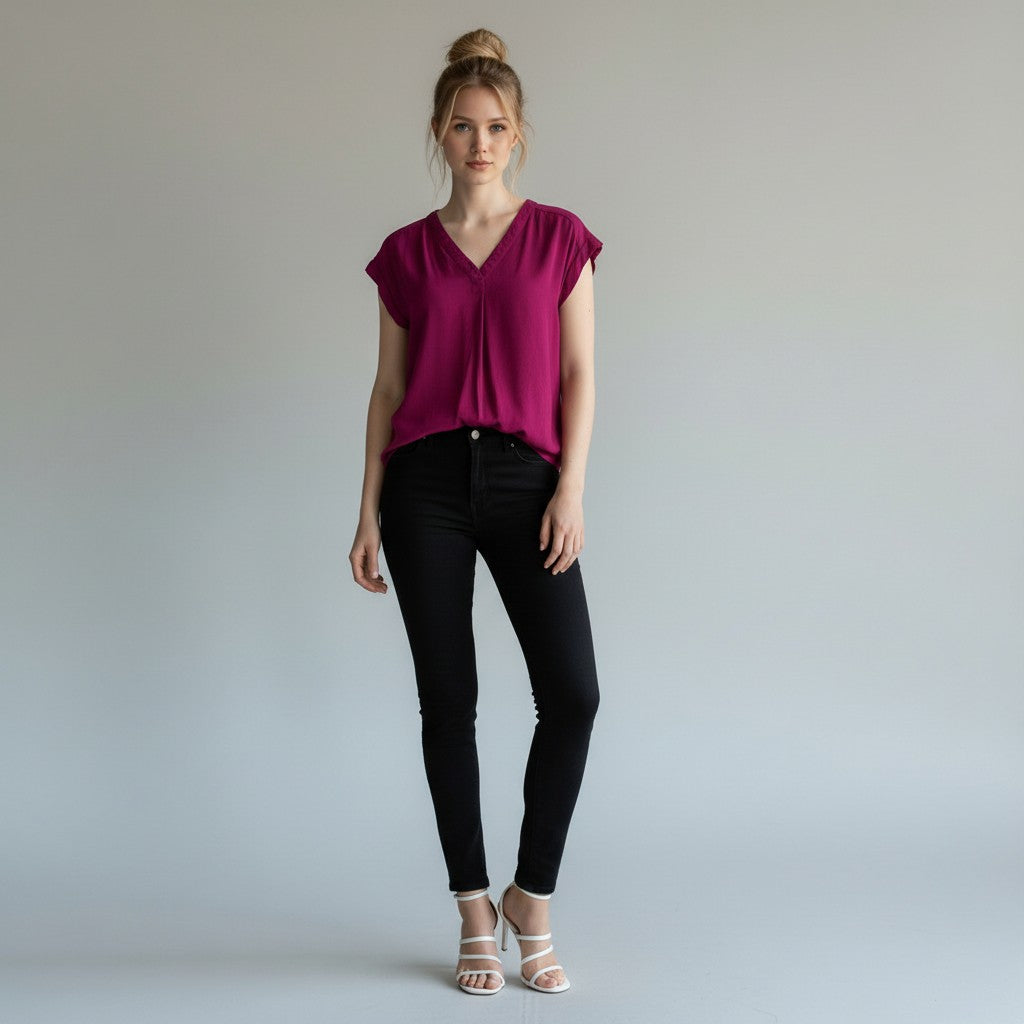 A woman modeling a short-sleeve V-neck blouse in deep magenta, paired with black skinny jeans and white strappy high-heeled sandals, standing against a neutral light gray studio background.