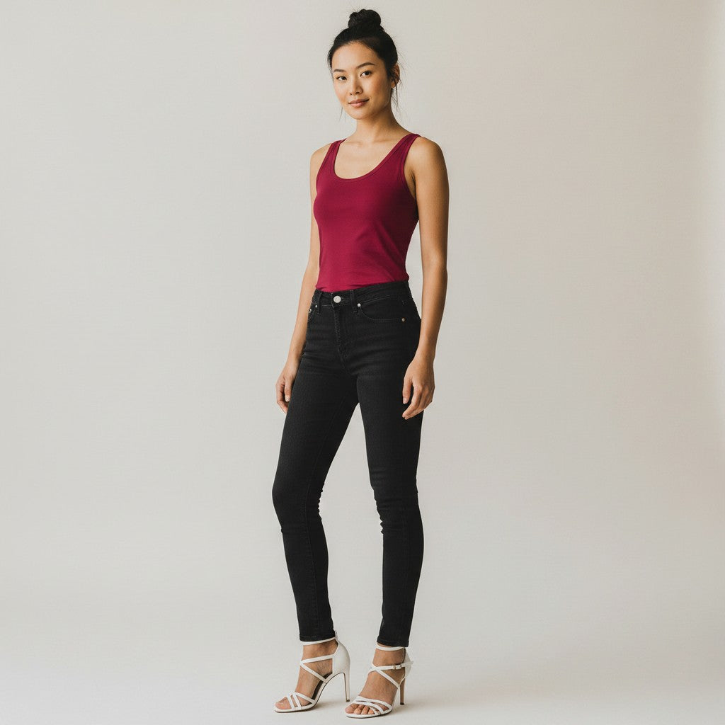 A woman wearing a red tank top with black jeans on a studio background