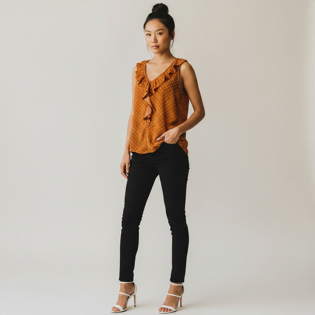 A woman modeling a sleeveless rust-orange top with a small white polka dot pattern and ruffle trim, paired with black skinny pants and white heeled sandals, against a plain light gray studio background.