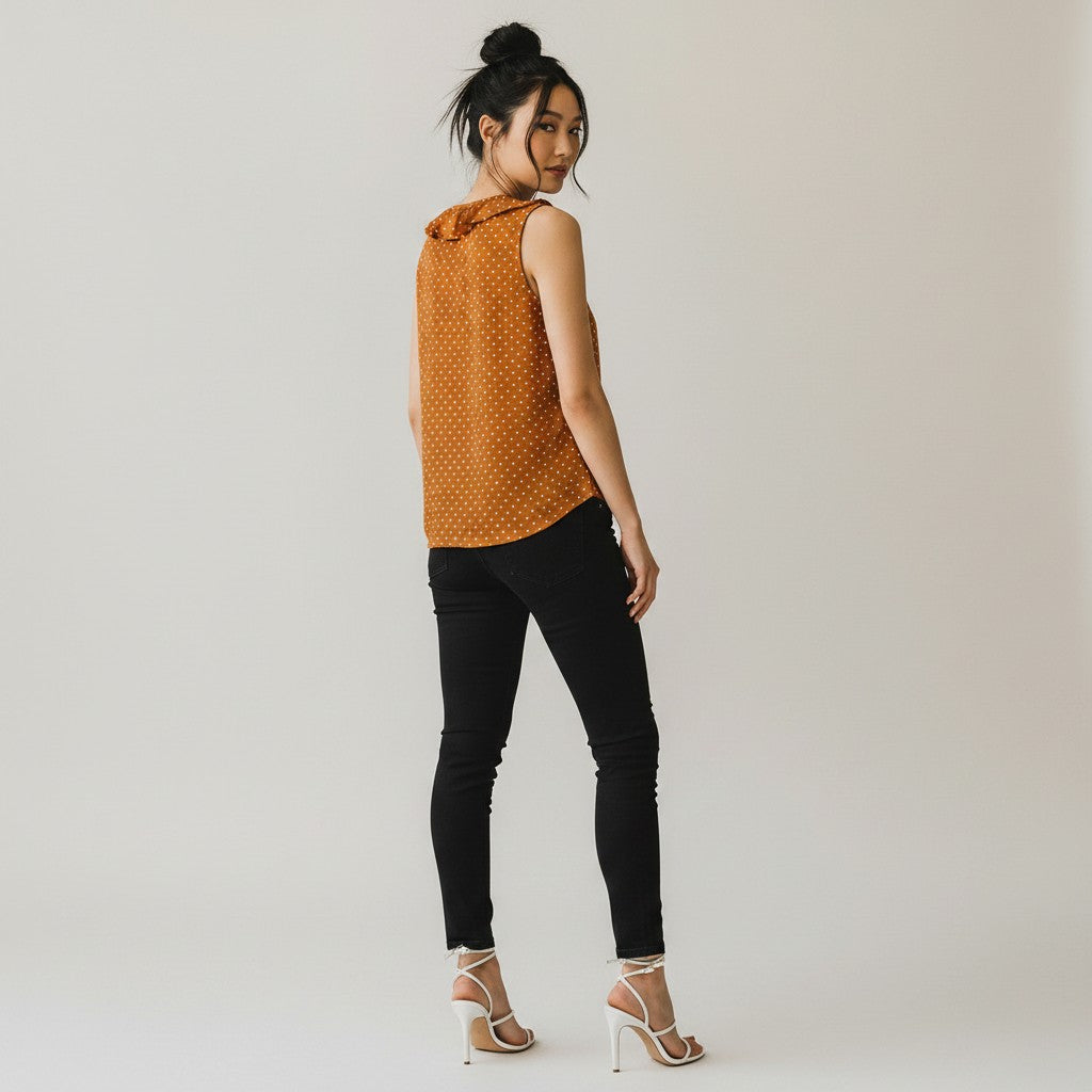 A woman modeling a sleeveless rust-orange top with a small white polka dot pattern and ruffle trim, paired with black skinny pants and white heeled sandals, against a plain light gray studio background.