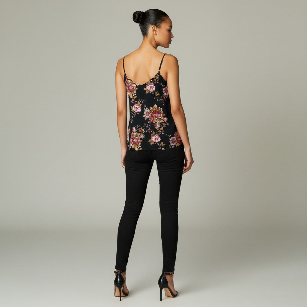 A black spaghetti-strap camisole top with a red, pink, and gold floral pattern, displayed on a cream mannequin torso against a wrinkled white backdrop.