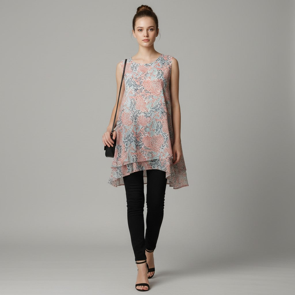 A woman modeling a sleeveless, high-low tiered tunic top with a pink, blue, and gray floral pattern, paired with black pants and sandals, against a solid gray studio background.
