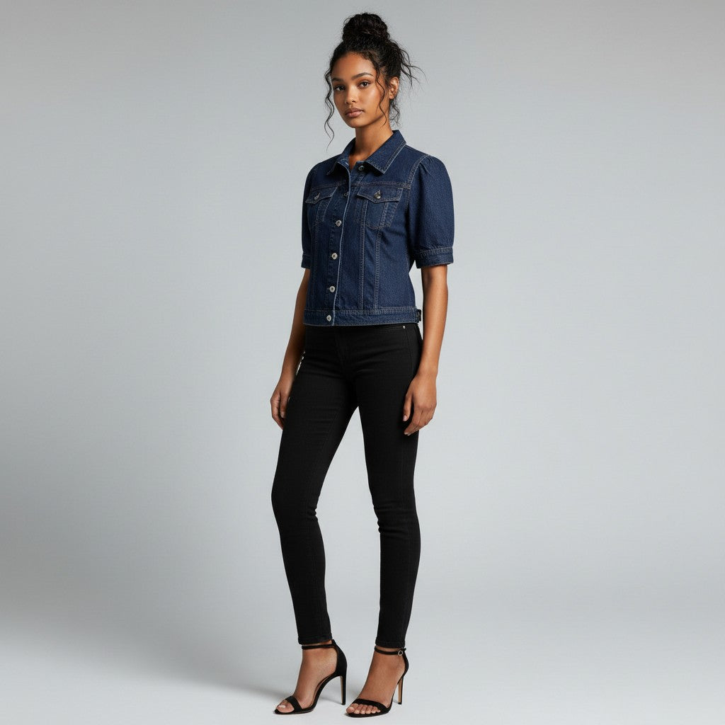 A model stands against a light gray studio background wearing a cropped dark blue denim jacket with puff sleeves, black skinny jeans, and black high-heeled sandals.