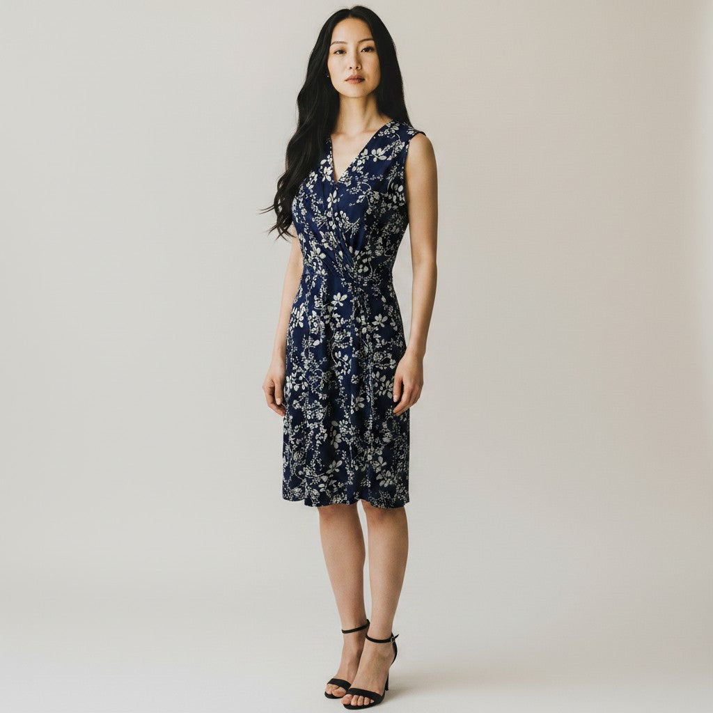 A woman modeling a sleeveless navy blue knee-length dress with a white floral pattern, standing against a plain light beige studio background.