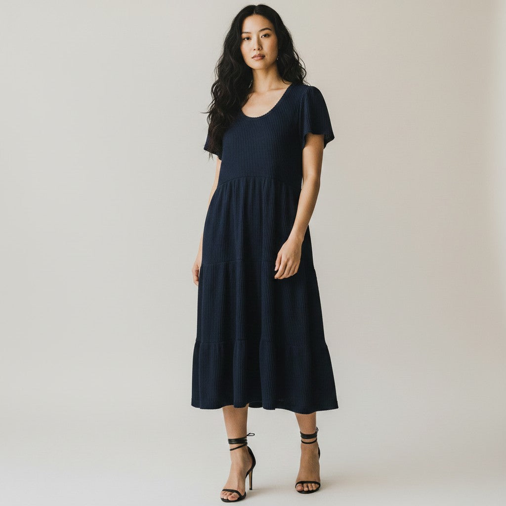 A woman modeling a dark navy blue midi dress with short flutter sleeves, a scoop neckline, and a tiered skirt, paired with black strappy high-heeled sandals against a light gray studio background.