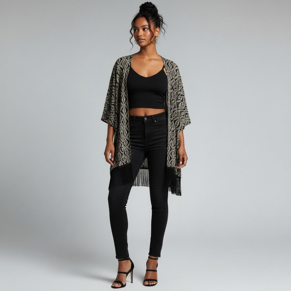 A woman stands against a light gray studio background wearing a black and beige patterned open-front fringed cardigan over a black crop top and black skinny jeans.