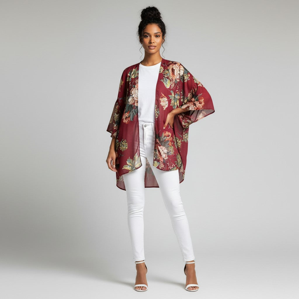 A woman modeling a burgundy open-front kimono jacket with a multicolor floral print, worn over a white top and white skinny pants, against a light gray studio background.