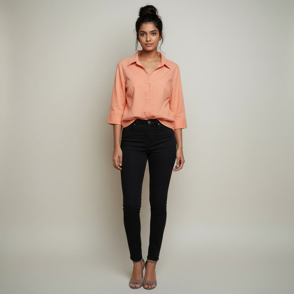 A woman modeling a peach-colored, three-quarter sleeve button-down shirt paired with black skinny jeans and nude high-heeled sandals, standing against a neutral light gray studio background.