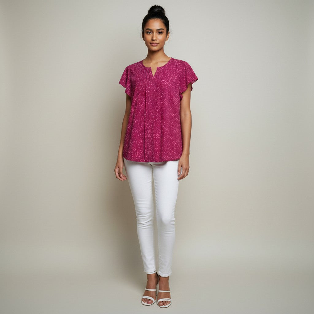 A woman modeling a short-sleeve magenta pink top with a textured pattern, paired with white pants and white sandals, standing against a neutral light gray background.