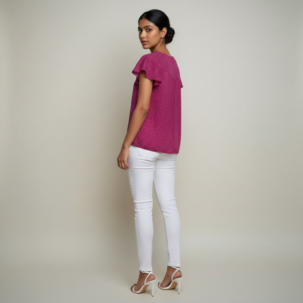 A woman shown from the back wearing a magenta short-sleeve top with a small white pattern, white skinny jeans, and white high-heeled sandals, standing against a plain light beige studio background.