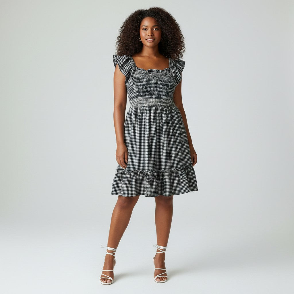 A woman wearing A black and white gingham dress displayed on a mannequin torso against a wrinkled white fabric backdrop. The dress features ruffled cap sleeves, a smocked bodice, and a tiered skirt.