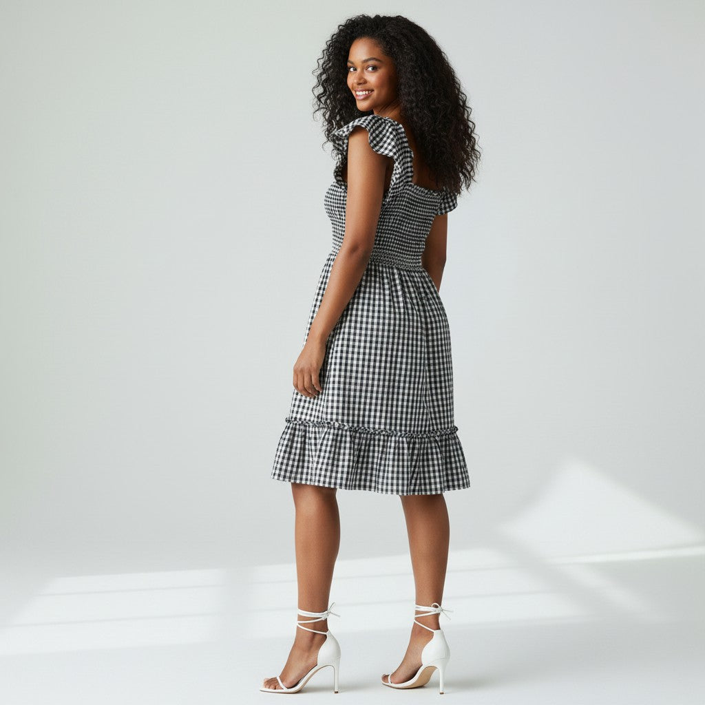 A woman wearing A black and white gingham dress displayed on a mannequin torso against a wrinkled white fabric backdrop. The dress features ruffled cap sleeves, a smocked bodice, and a tiered skirt.