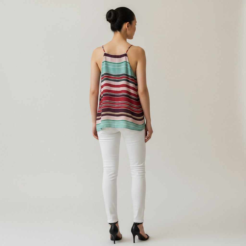A woman is shown from behind wearing a sleeveless striped camisole top with thin straps, white pants, and black high heels against a plain light gray studio background.