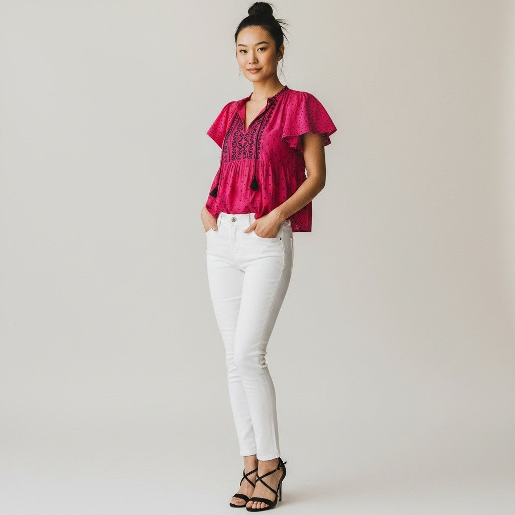 A woman modeling a vibrant magenta pink short-sleeve blouse with black embroidery and black tassels, paired with white skinny jeans and black strappy high-heeled sandals, set against a plain light gray studio background.