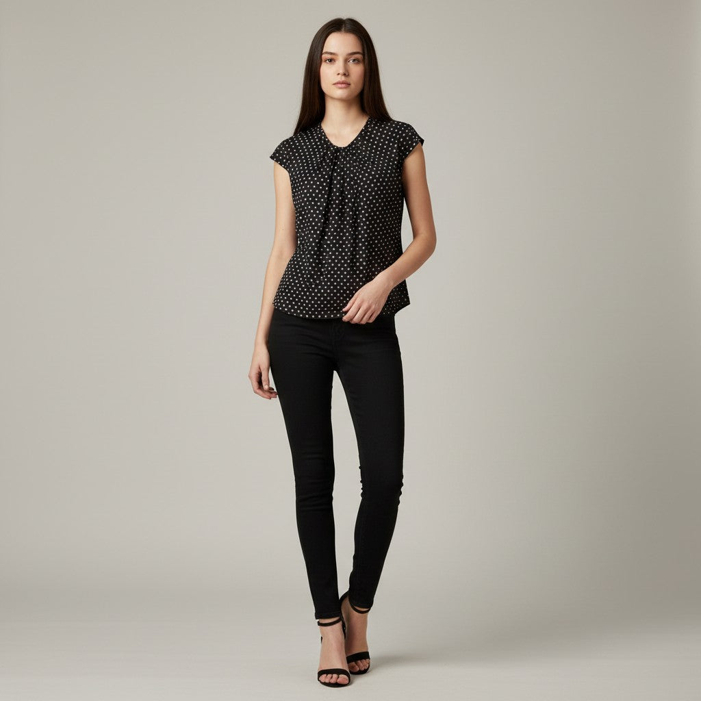 A woman modeling a black short-sleeve blouse with a white polka dot pattern and a tie-neck detail, paired with black skinny pants and black strappy heels, against a neutral light gray studio background.