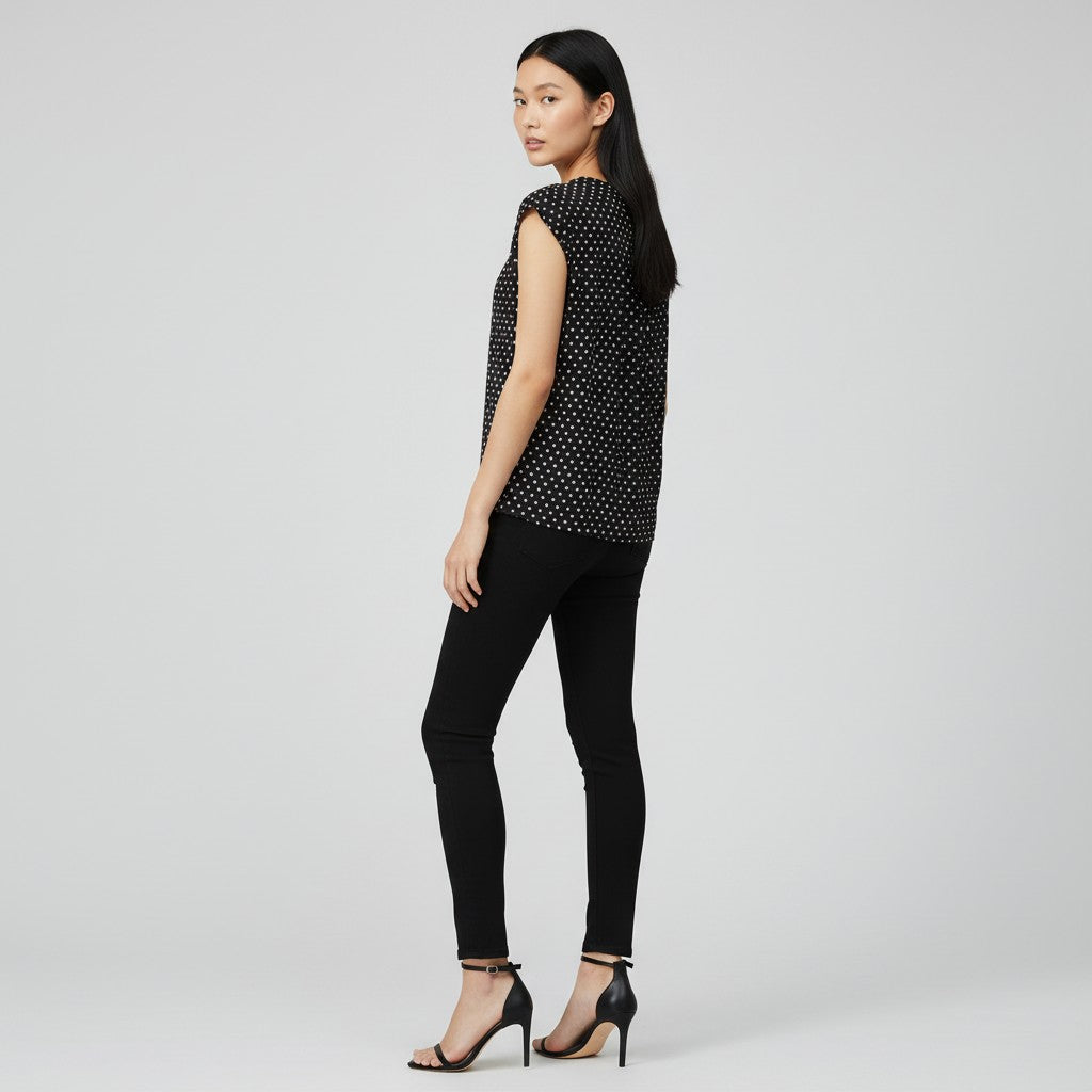 A woman modeling a sleeveless black top with a small white polka dot pattern, paired with black skinny jeans and black high-heeled sandals, photographed against a light gray studio background.