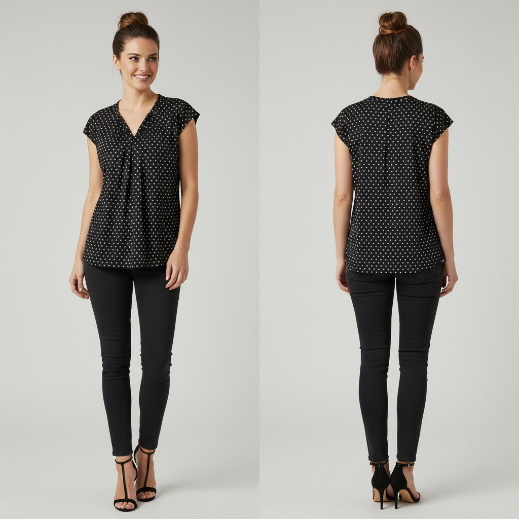 A woman modeling a black short-sleeve top with small white polka dots, shown from both the front and back views against a light gray studio background.