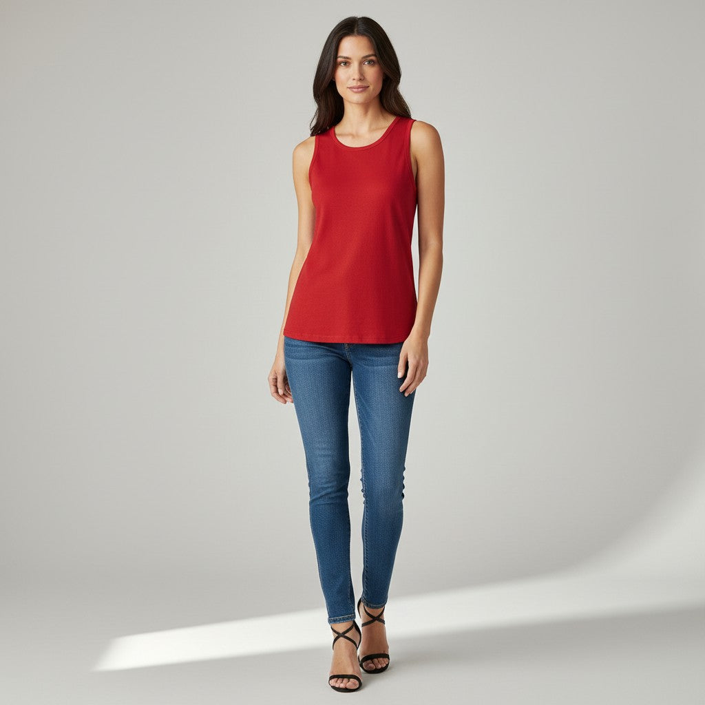 A woman modeling a sleeveless red top with blue skinny jeans and black lace-up sandals, standing against a light gray studio background.