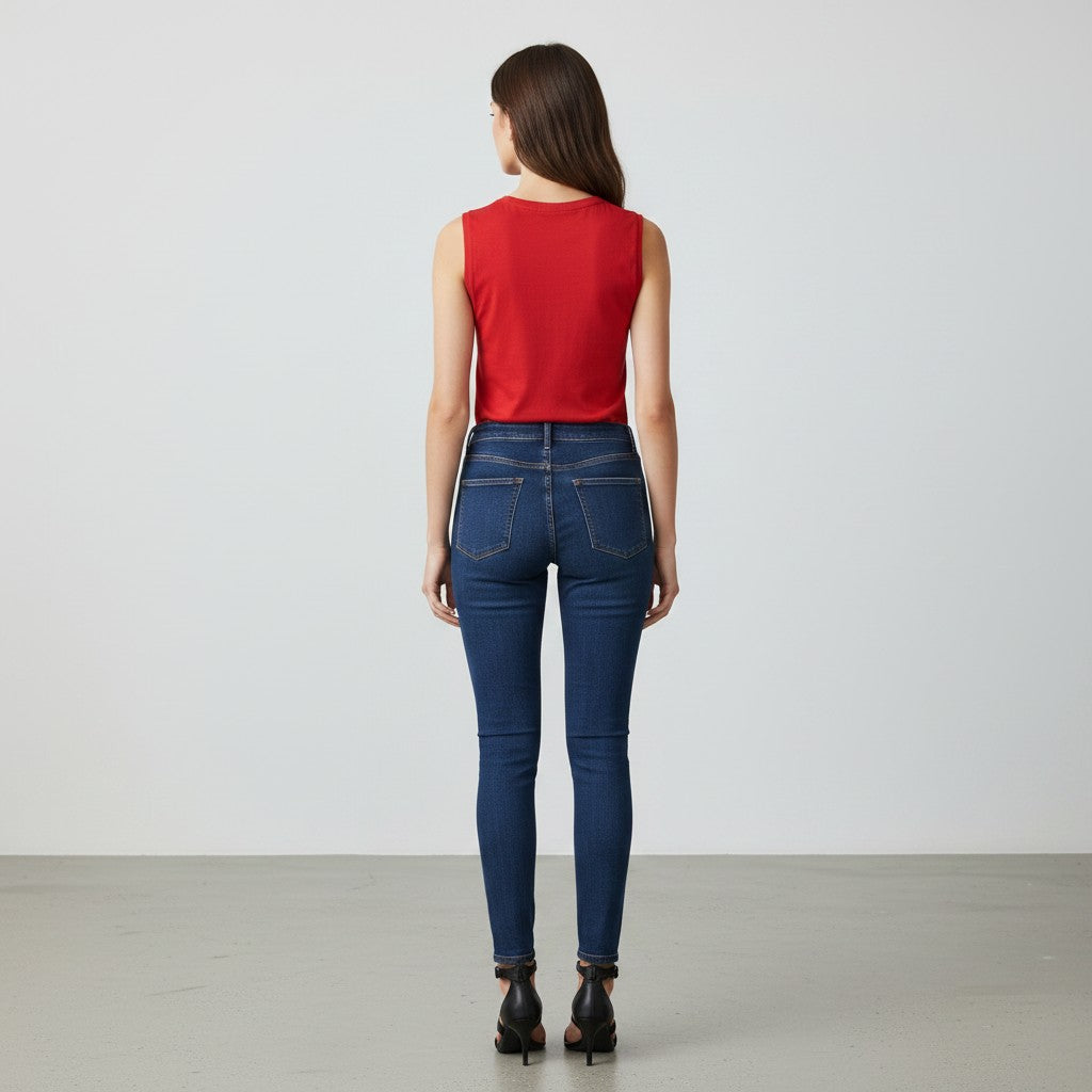 A woman viewed from behind wearing a bright red sleeveless top, dark blue skinny jeans, and black ankle boots, standing against a plain light gray studio background.