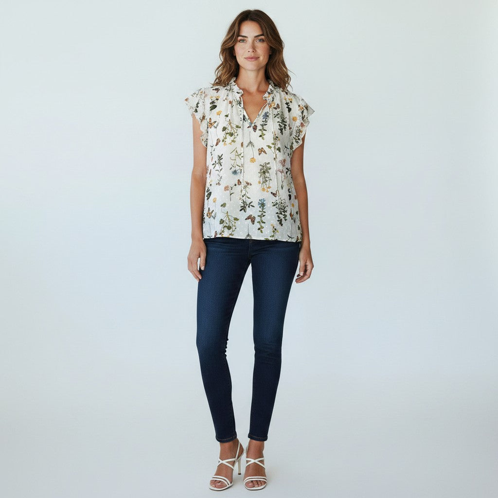 A woman modeling a sleeveless white blouse with a delicate multicolor floral print, paired with dark blue skinny jeans and white strappy high-heeled sandals, against a light gray studio background.