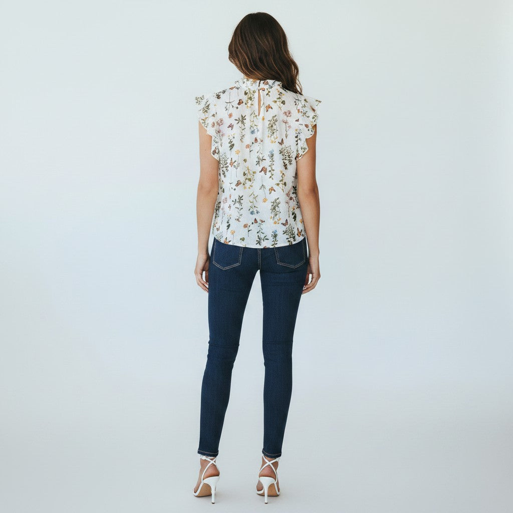 A woman viewed from behind wearing a sleeveless white blouse with a delicate multicolor floral print and ruffled shoulders, paired with dark blue skinny jeans and white high-heeled sandals, against a light gray studio background.