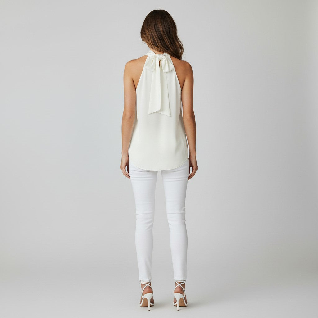 A woman viewed from the back wearing a cream halter top with a large bow detail at the back, paired with white skinny jeans and white high-heeled sandals, against a light gray studio background.