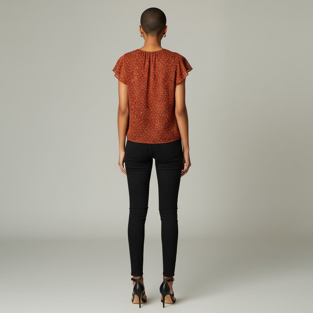 A woman viewed from the back wearing a rust-orange short-sleeve blouse with a small white allover pattern, paired with black skinny jeans and black high heels, against a light gray studio background.