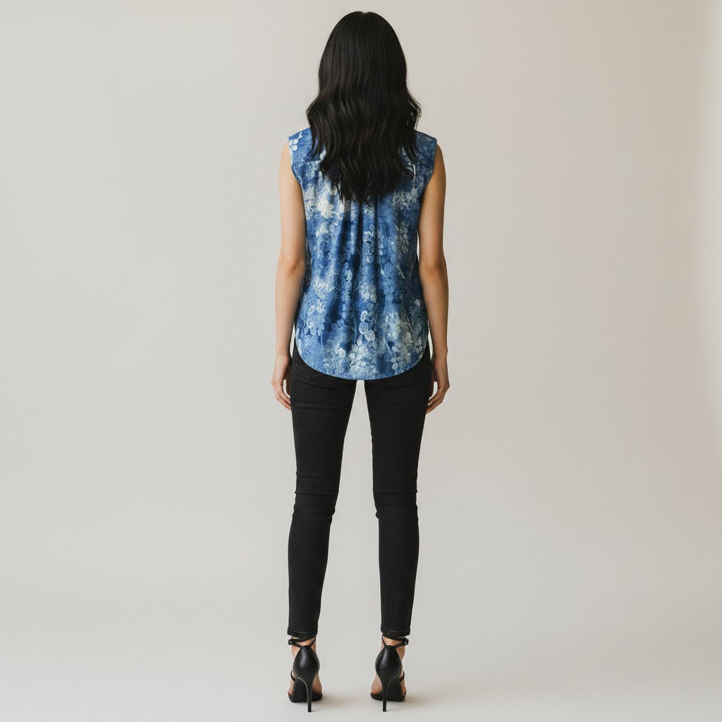 A woman with a floral blue shirt, black skinny jeans and black high heels on a studio gray background.