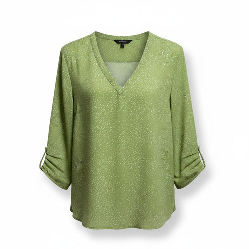 Green blouse with a V-neck and long sleeves on a white background