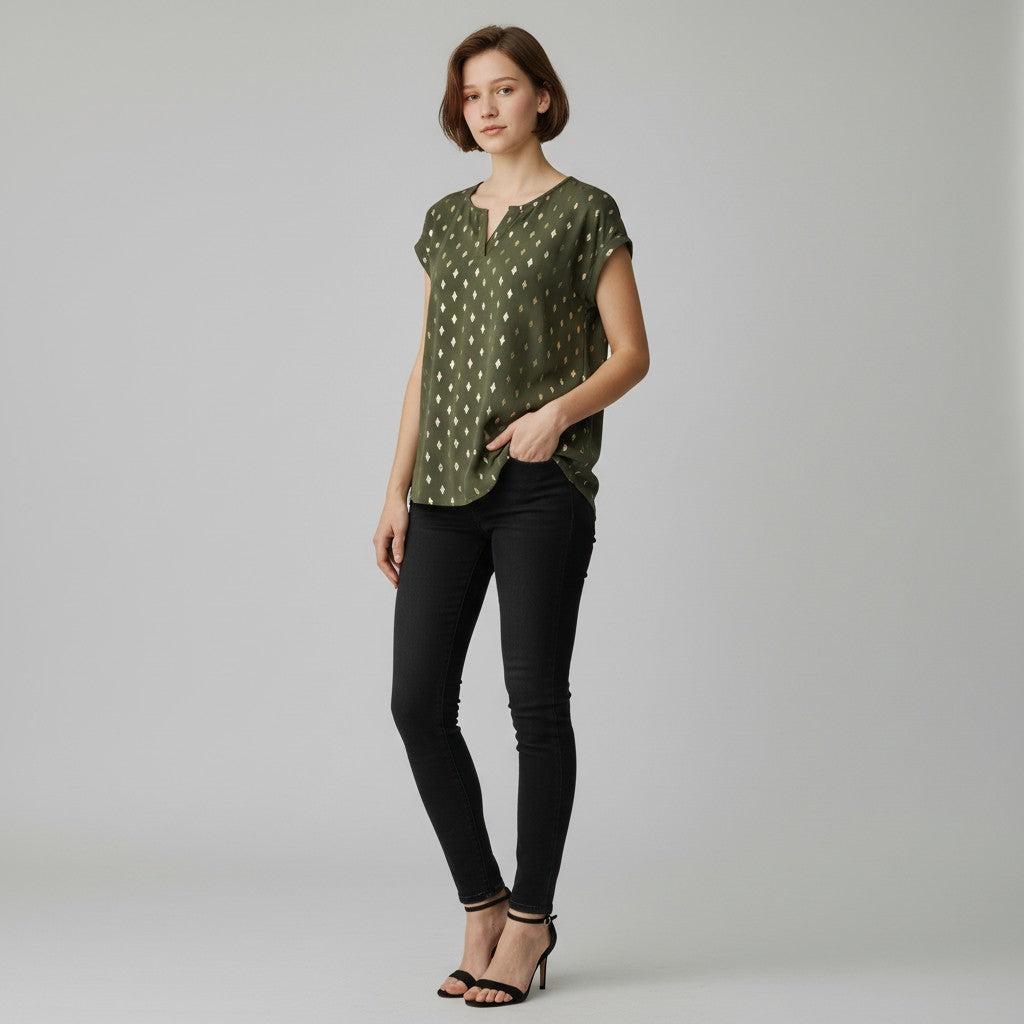 A woman wearing a green and gold shirt with black jeans, black heels on a studio gray background. 