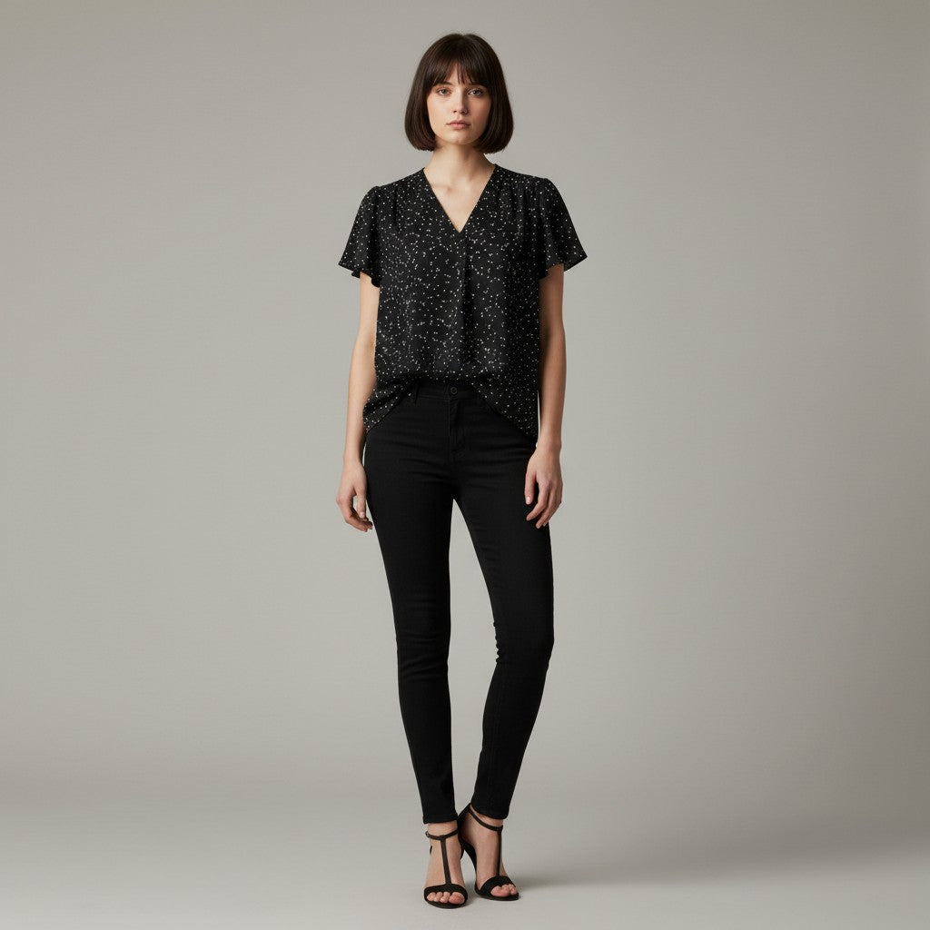 A woman with a black and white dot shirt, black skinny jeans, black high heels on a studio gray background.