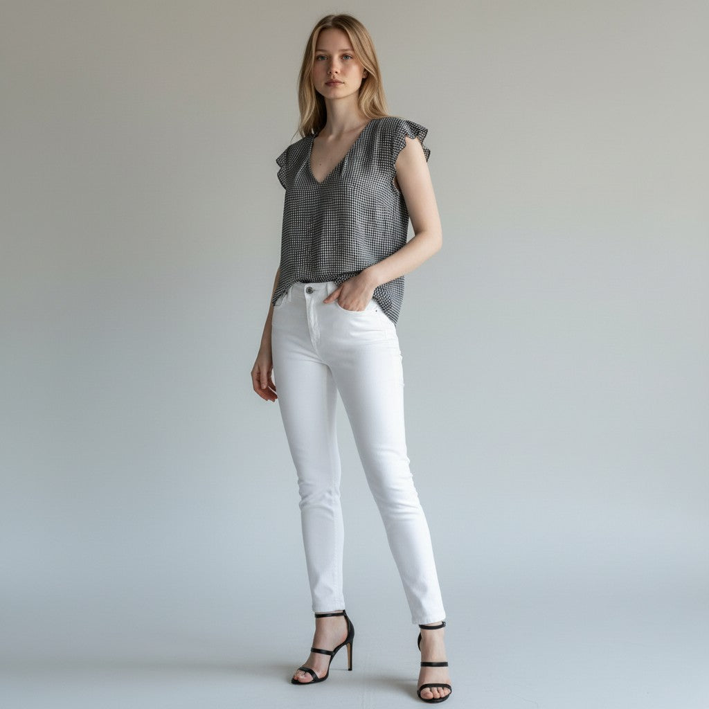 Woman wearing a sleeveless patterned top and white pants on a plain background