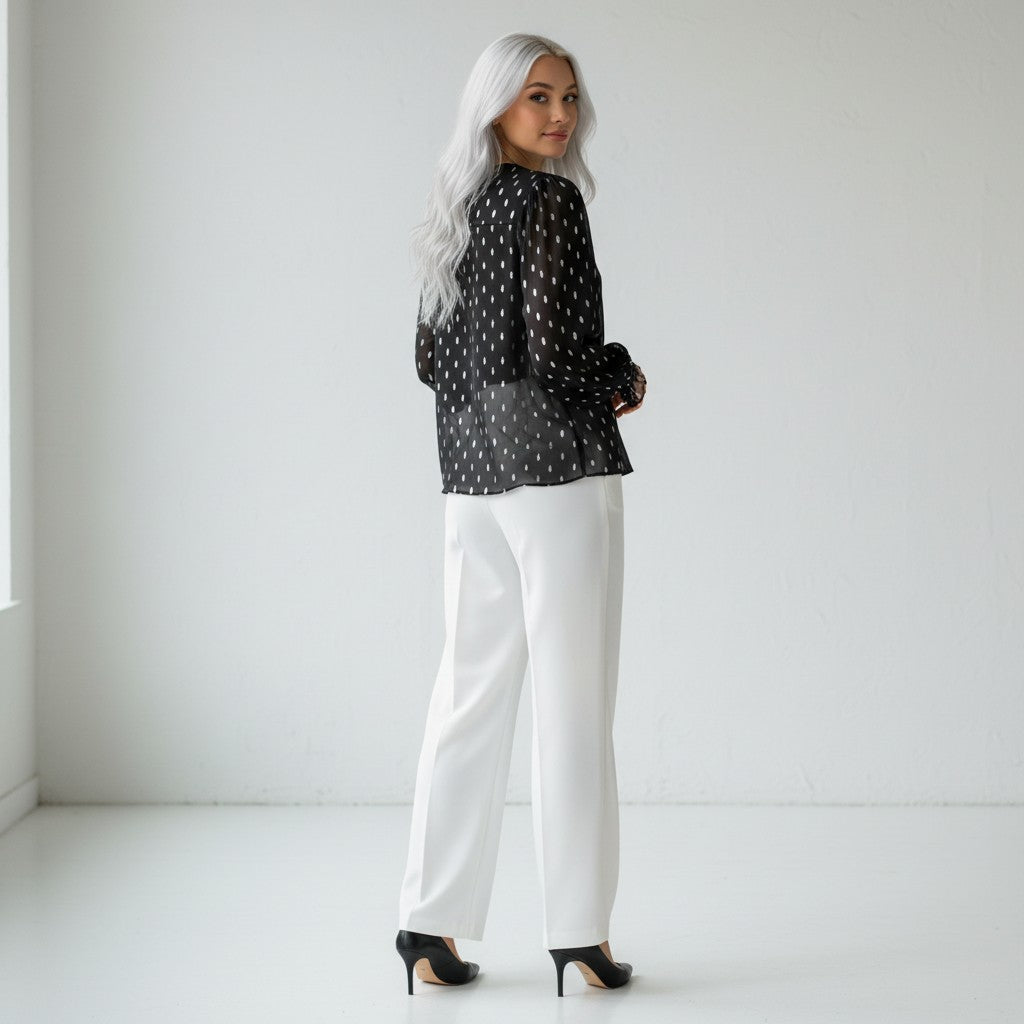 A woman with long silver-white hair stands in a bright white studio, wearing a sheer black long-sleeve blouse with a white polka-dot pattern, white wide-leg trousers, and black high heels.