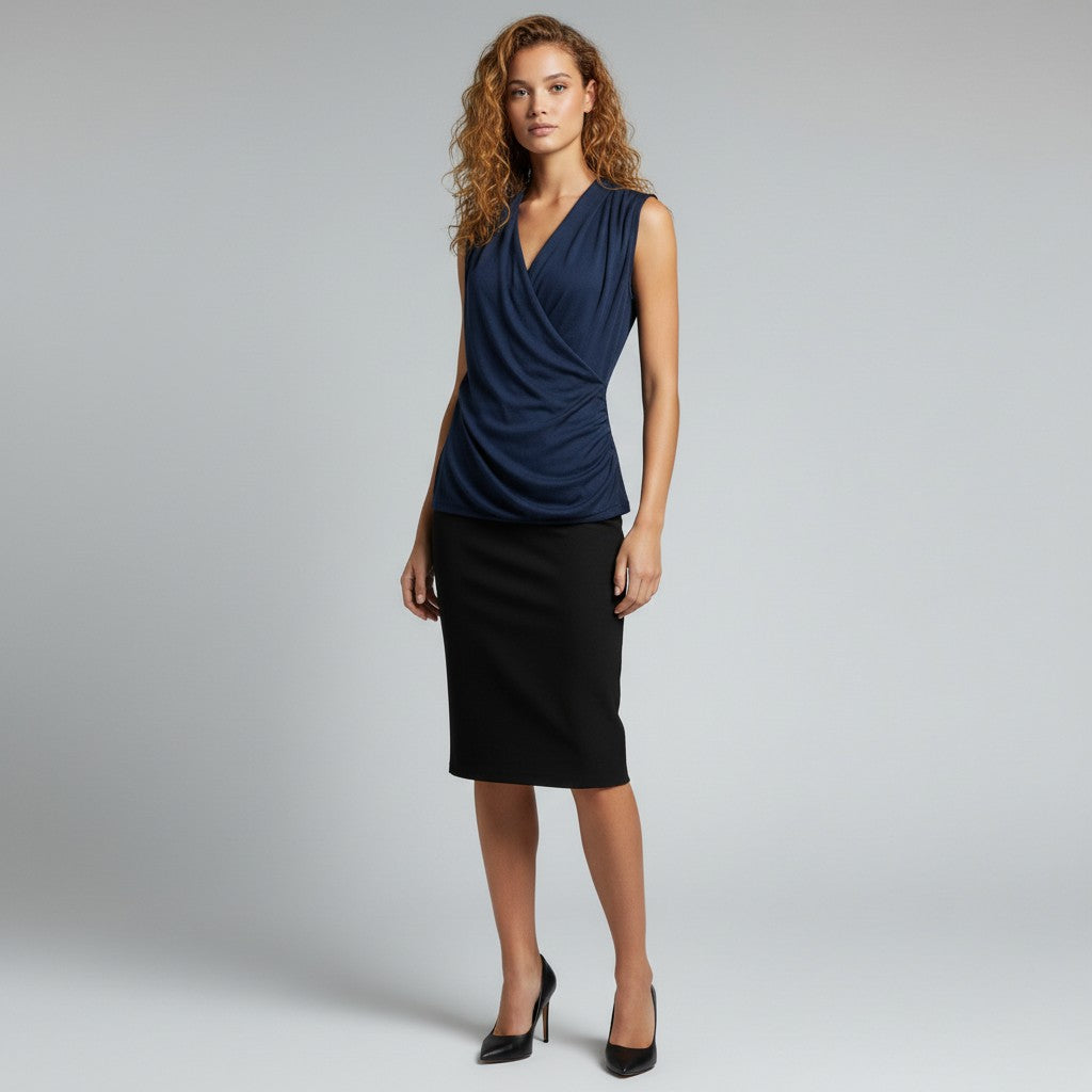A woman modeling a sleeveless navy blue wrap-style top paired with a black knee-length skirt and black heels, standing against a light gray studio background.