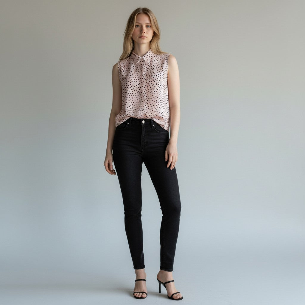 A woman modeling a sleeveless high-neck blouse with a pink and white floral pattern, paired with black skinny jeans and black strappy heels, against a light gray studio background.