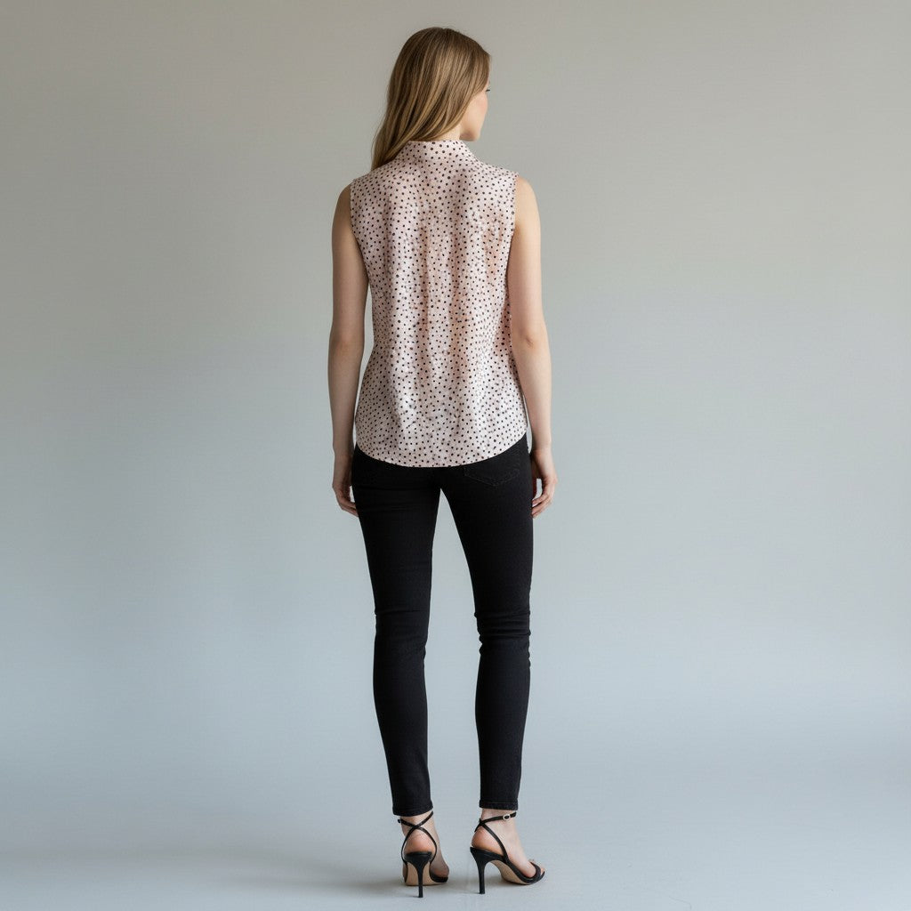 A woman modeling a sleeveless high-neck blouse with a pink and white floral pattern, paired with black skinny jeans and black strappy heels, against a light gray studio background.