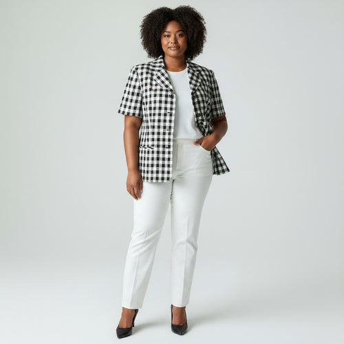 Woman wearing a black and white checkered jacket with white pants on a plain background