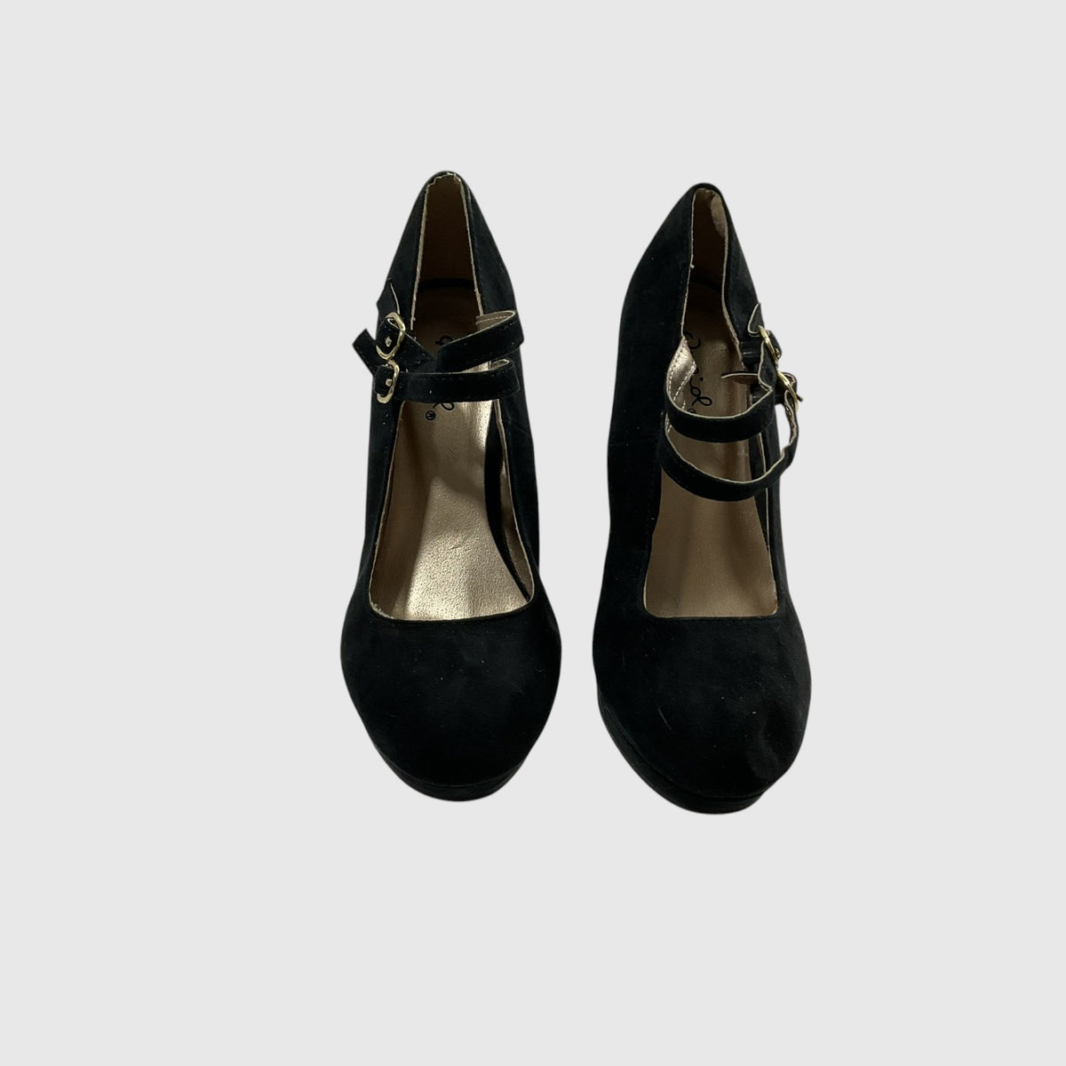 A pair of black suede Mary Jane pumps with gold-tone buckle straps, shown from a top-down view on a light gray background.