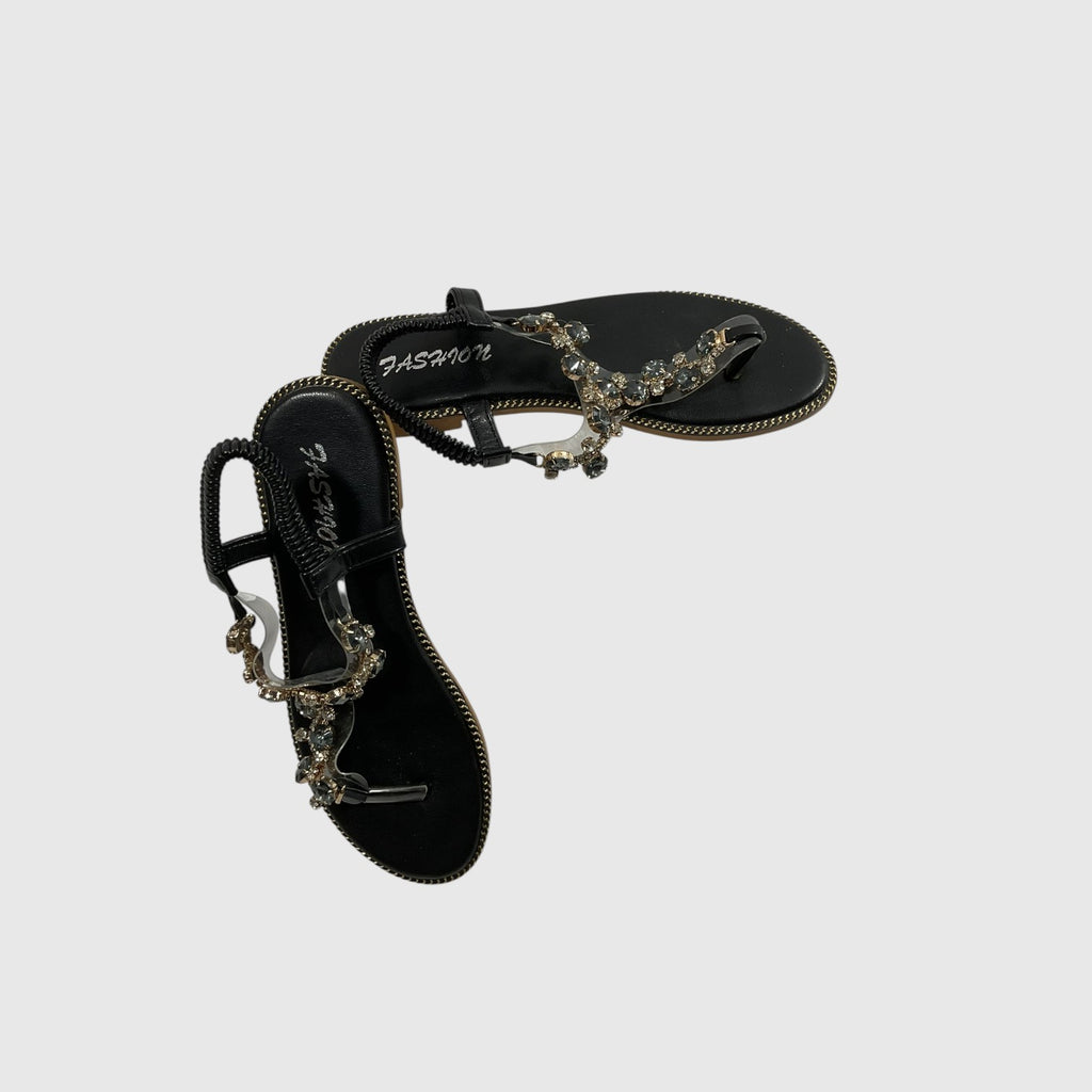 Fashion Crystal Rhinestone T-Strap Thong Flat Sandal in Black — Size 5.5