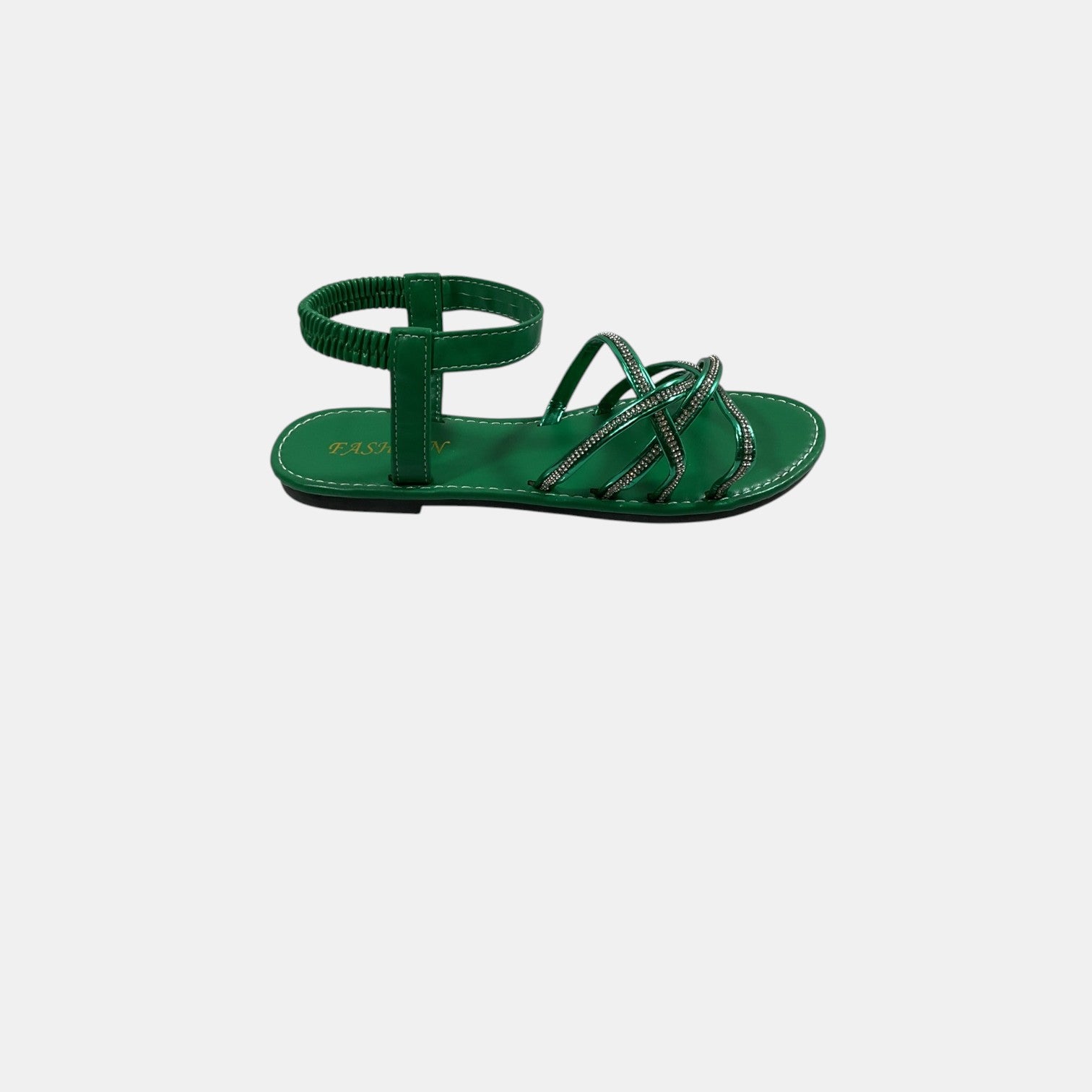 green sandal with rhinestones on a white background