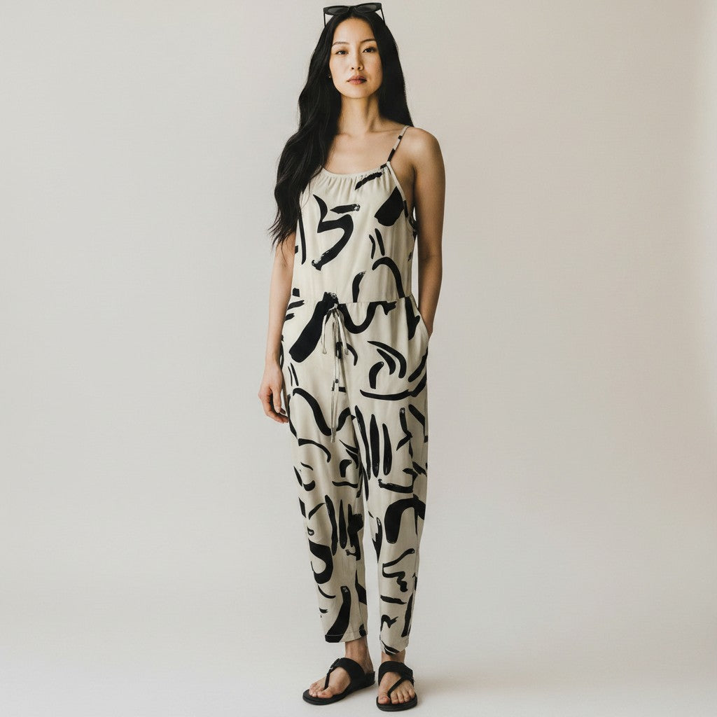 A woman modeling a sleeveless cream jumpsuit with a black abstract brushstroke pattern, styled with black sandals against a plain light gray studio background.