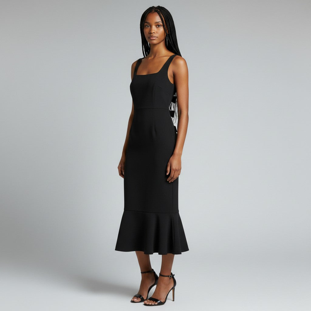 A woman modeling a black sleeveless midi dress with a square neckline, fitted silhouette, and flared ruffled hem, paired with black strappy heels against a light gray studio background.