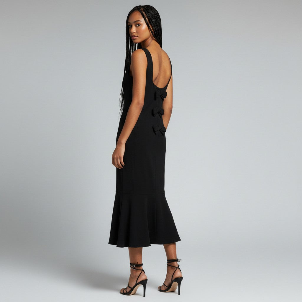 A woman modeling a black sleeveless midi dress with a ruffled hem and bow details on the back, photographed against a light gray studio background.