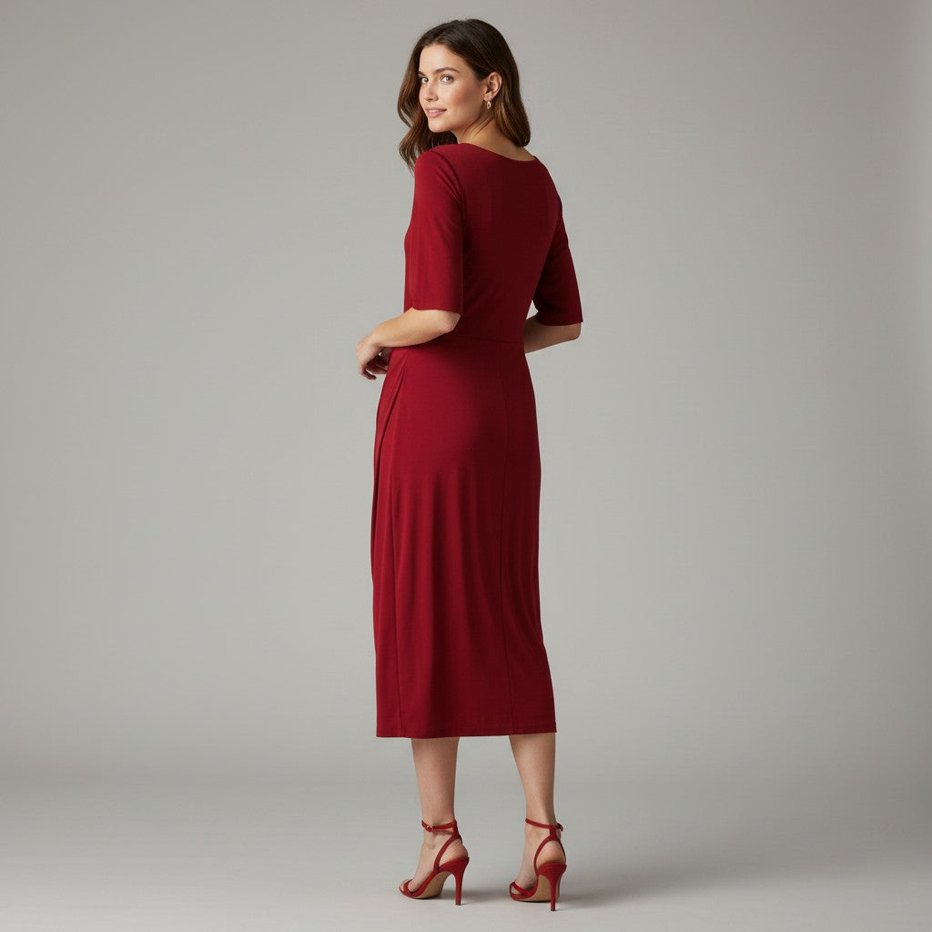 A woman modeling a red midi dress with elbow-length sleeves and a boat neckline, shown from the back against a plain gray studio background.