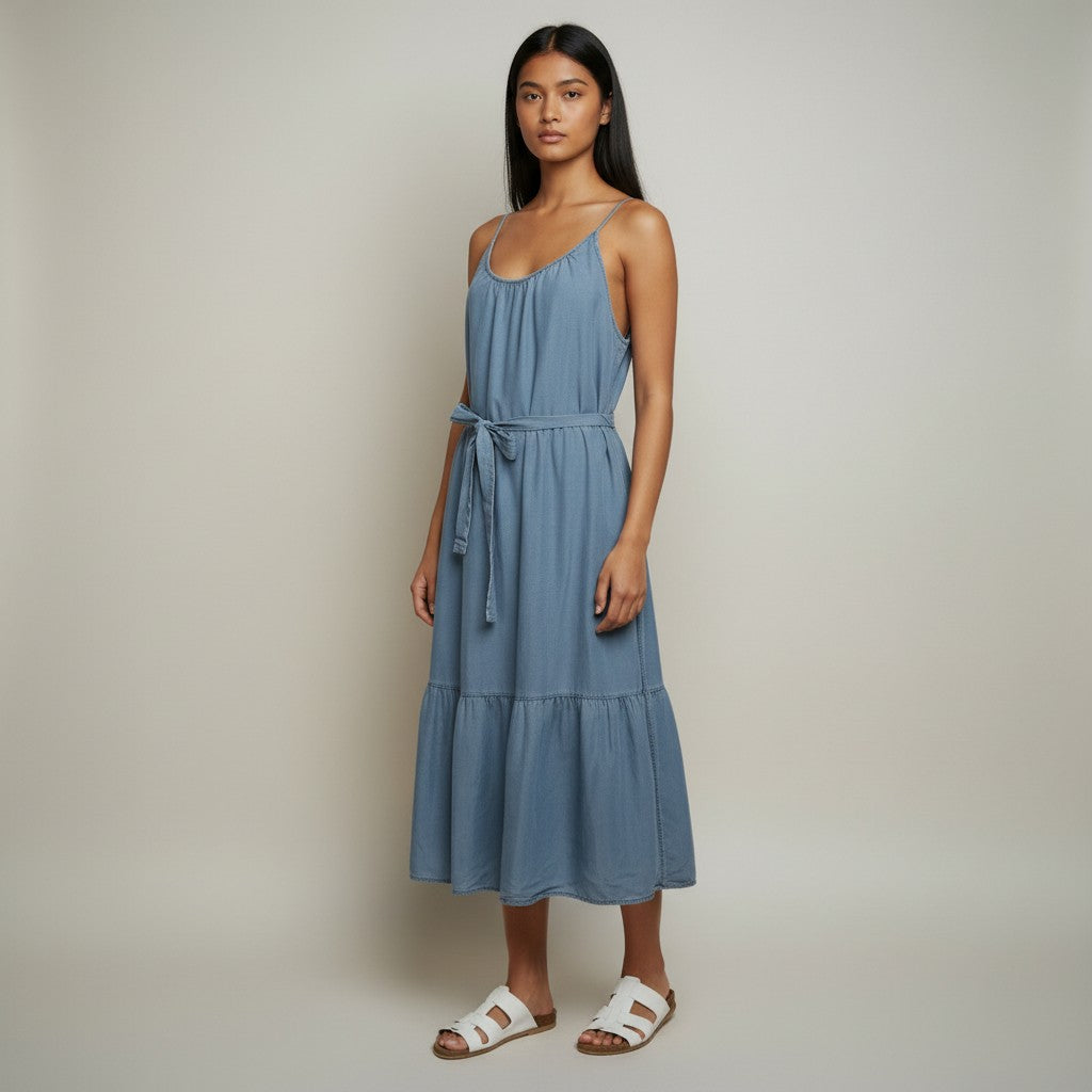 A woman modeling a sleeveless tiered midi dress in dusty blue with a tie waist, paired with white slide sandals, against a neutral light gray studio background.