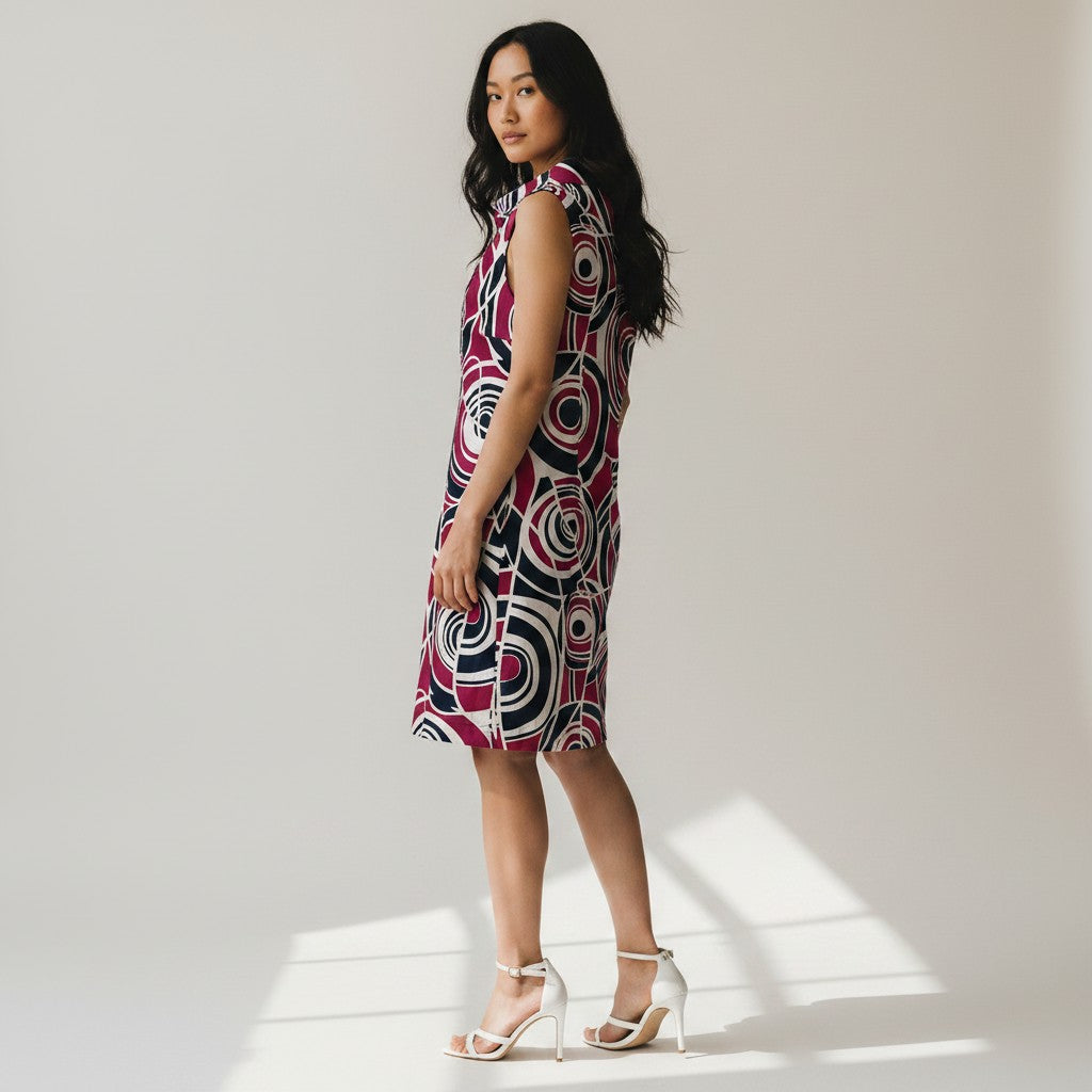 A woman modeling a sleeveless knee-length dress with a bold abstract circular pattern in pink, navy, black, and white, paired with white high-heeled sandals against a light gray studio background.