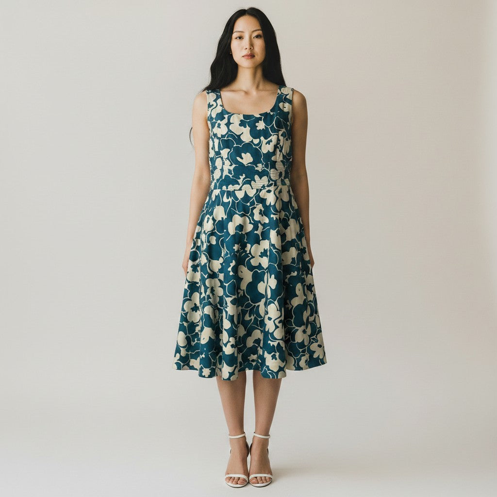 A woman stands against a plain light beige studio background wearing a sleeveless A-line midi dress with a dark teal and cream floral pattern, paired with white heeled sandals.